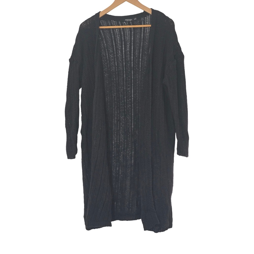 Nasty Gal Cardigan Black Pointelle Knit Longline Duster ML